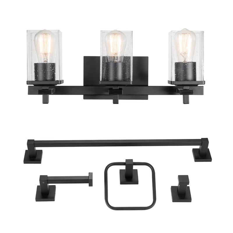Globe Electric 51634 Dakota 5-Piece All-in-One Bathroom Set 3 Vanity Light with Seeded Glass Shades, Bar, Toilet Paper Holder, Towel Ring, Robe Hook, Matte Black - Image 1